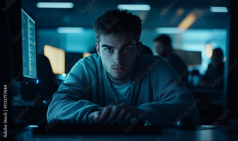 Poster A focused young man working on a computer in a dimly lit environment.
