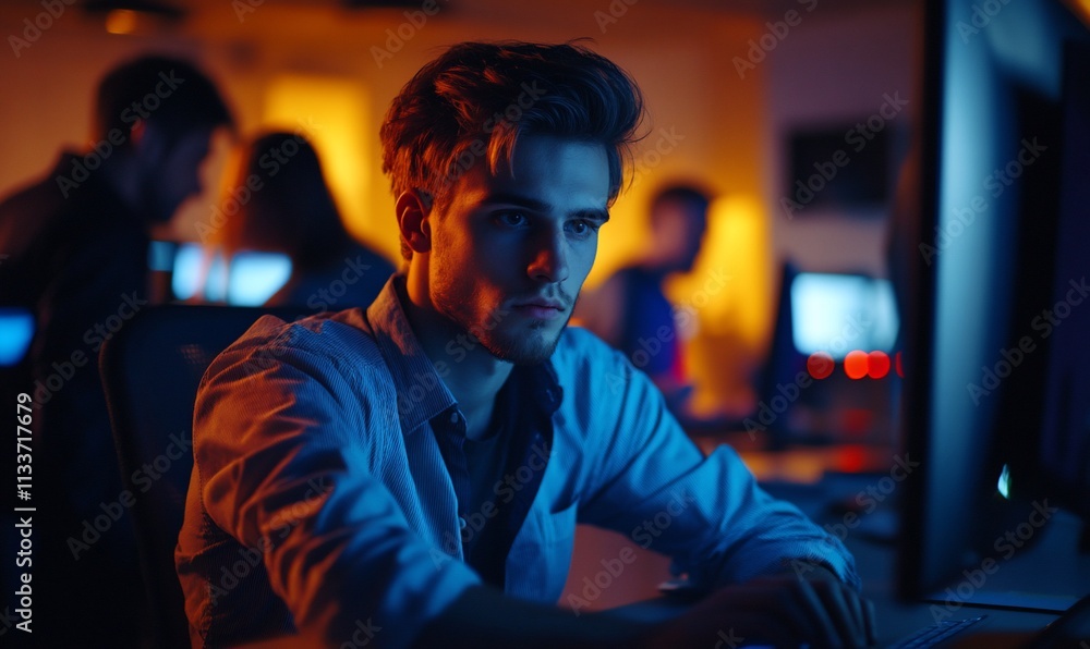 Poster A focused young man working on a computer in a dimly lit environment.