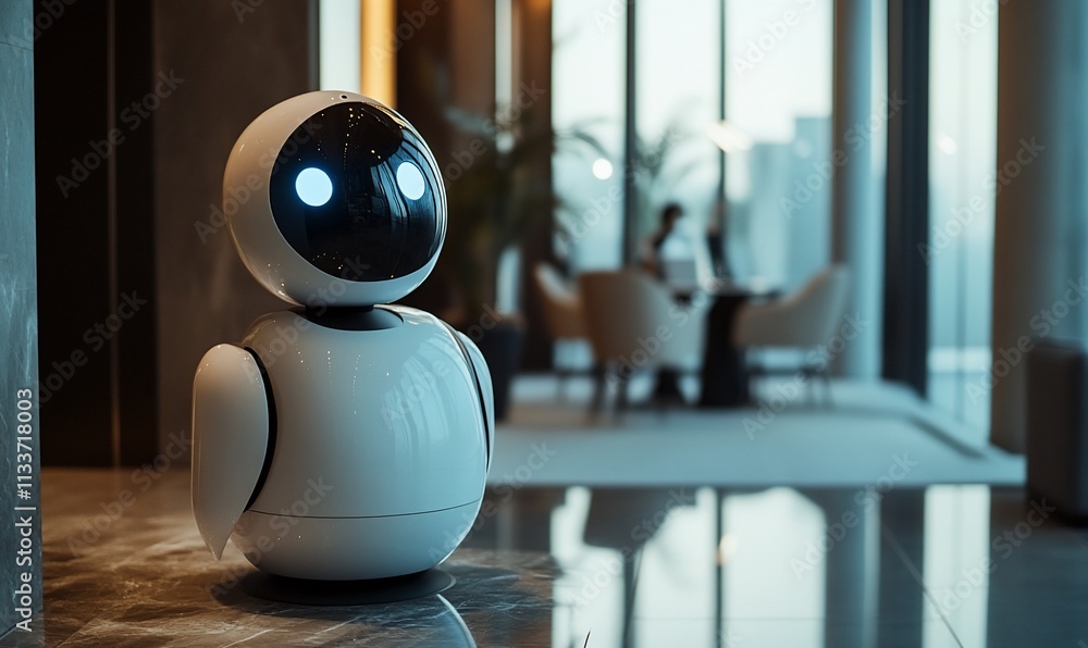 Aufkleber a futuristic robot stands in a modern office space, blending technology with design.