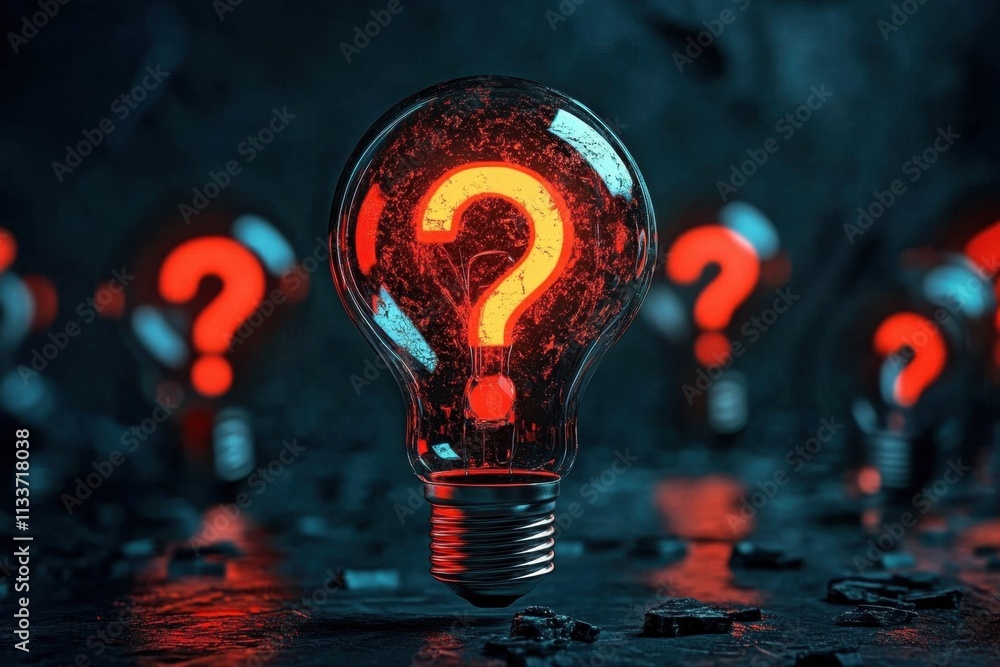 Poster an artistic representation of a light bulb featuring question marks as a visual metaphor.