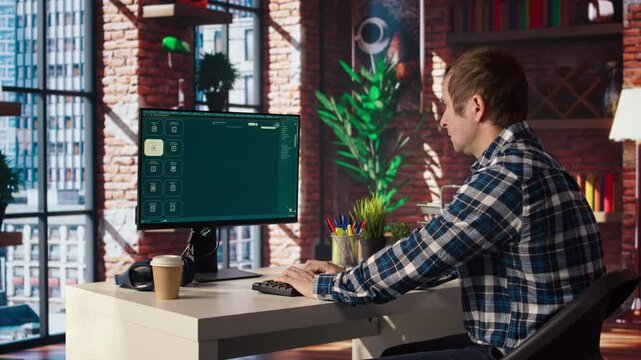 Man at home looking over documentation files to learn how to use text to video generative models. Person in apartment reading technical specifications documents for AI program, camera A