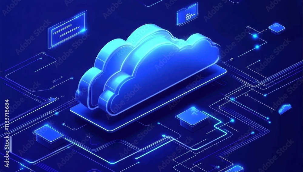 Poster visual representation of modern technology through abstract cloud motifs.