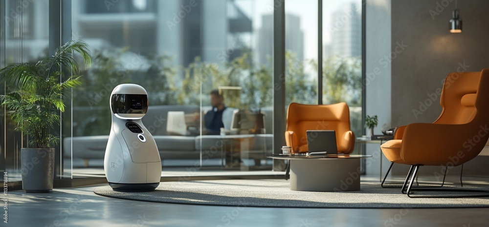 Poster a modern robot in a stylish office setting with plants and seating.