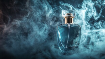 A perfume bottle surrounded by ethereal smoke, highlighting elegance and allure.