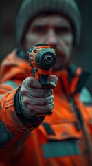 Naklejka premium Close-up of a man in an orange jacket holding a cordless drill.