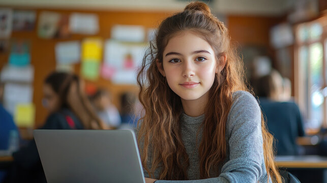 Australian teenage girl studying in classroom using computer laptop - Powered by Adobe
