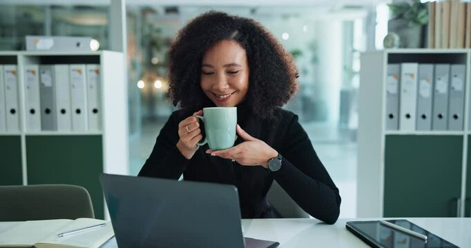 Laptop, coffee and happy businesswoman thinking, idea or reading email for project on office break. Computer, smile and worker planning with drink for inspiration, future dream and insight for vision