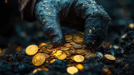 Dirty hand picks gold coins from dark soil.