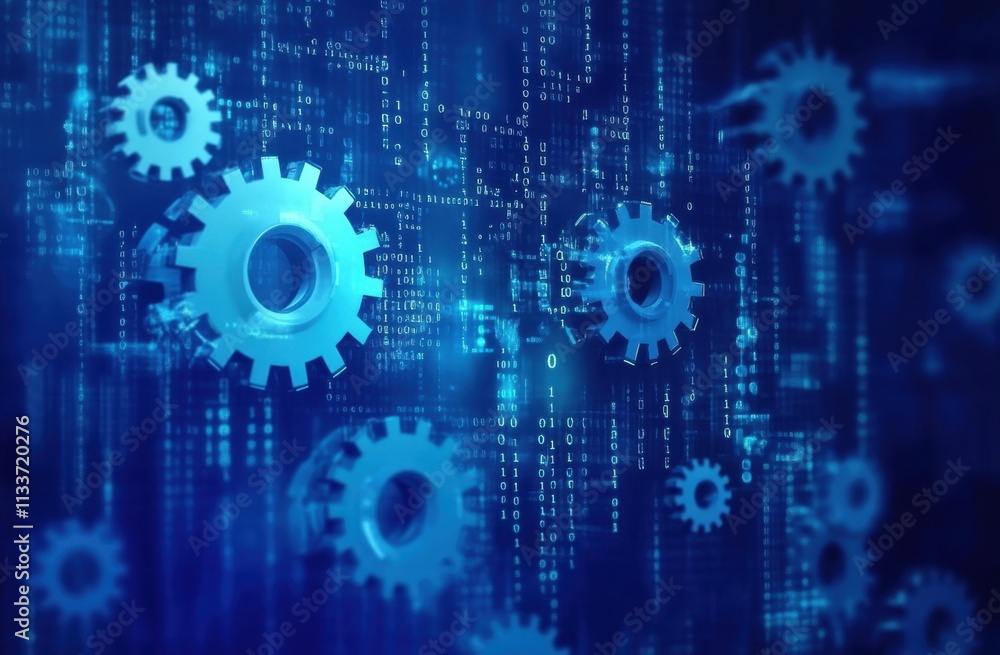 Poster innovative representation of industry design through gears and coding.