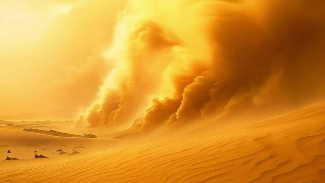 a sandstorm  and  camels  in the desert