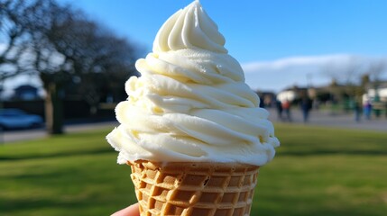 Delicious Creamy Vanilla Ice Cream Cone Against Clear Blue Sky