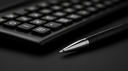 Modern Black Calculator and Elegant Silver Pen on Dark Surface