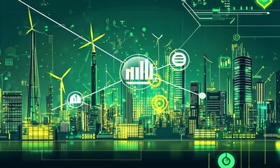 Futuristic cityscape with green technology elements and digital overlays. - Powered by Adobe