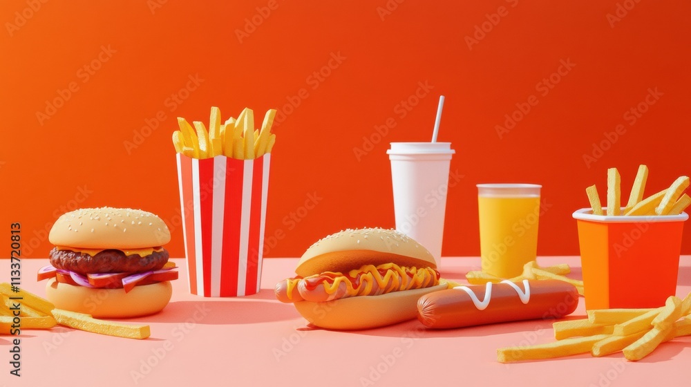 Poster a colorful table displays an array of fast food items including fries, hot dogs, and soft drinks, pe