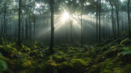Obraz premium Sunbeams illuminating a misty, moss-covered forest floor.