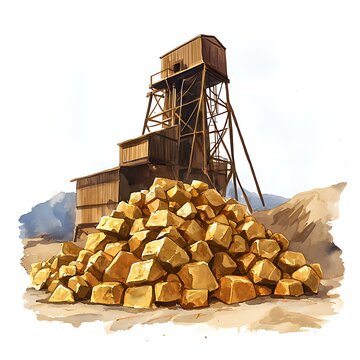 Watercolor illustration of a gold mine with a wooden headframe and a pile of gold ore.