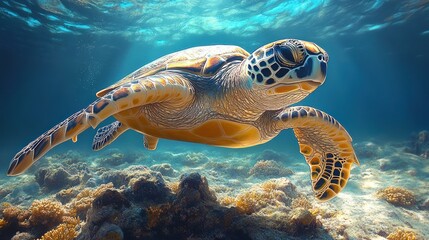 Fototapeta premium Sea turtle swims over vibrant coral reef.