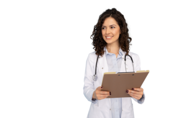 Latina female doctor standing confidently in her white coat