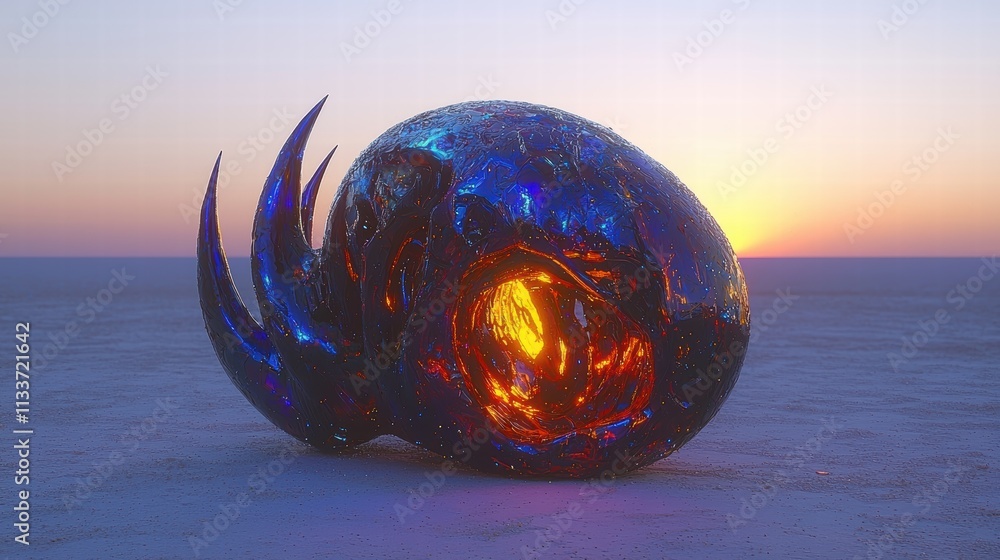 Poster futuristic abstract object with fiery core and colorful texture