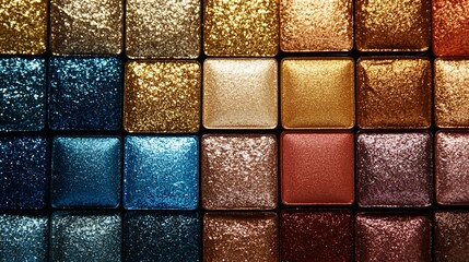 A vibrant array of glittering square tiles in various colors.