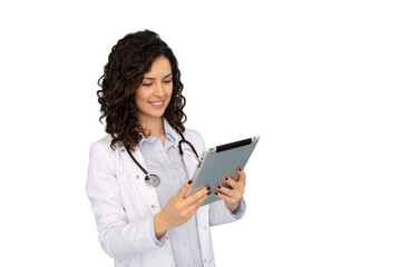 Confident young Latina doctor holding a tablet device