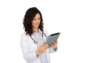 Confident young Latina doctor holding a tablet device