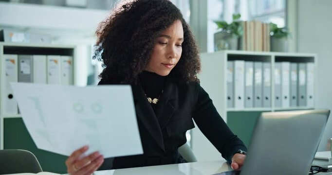 Accounting, documents and laptop with business woman in office for financial or wealth management. Banking, bookkeeping or report with accountant at desk in workplace for portfolio or savings review