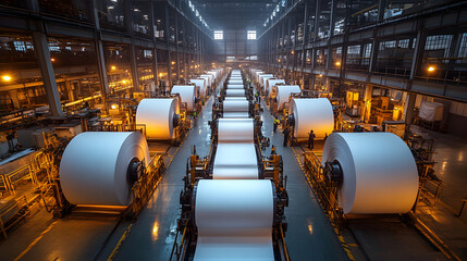 Industrial paper production facility with large rolls of white paper.