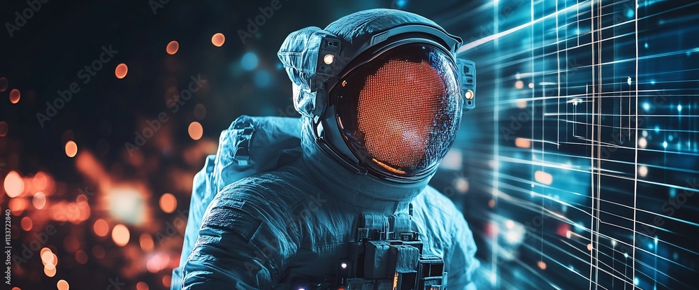 Poster astronaut in a digital landscape, merging space exploration with technology.