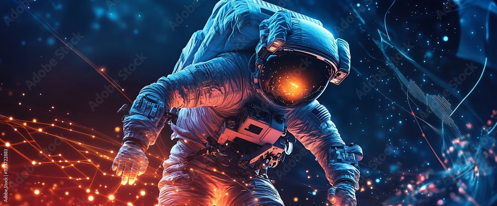Poster Astronaut exploring a digital universe filled with vibrant energy and data.