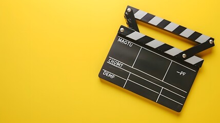 A black clapperboard on a yellow background, ready for filming.
