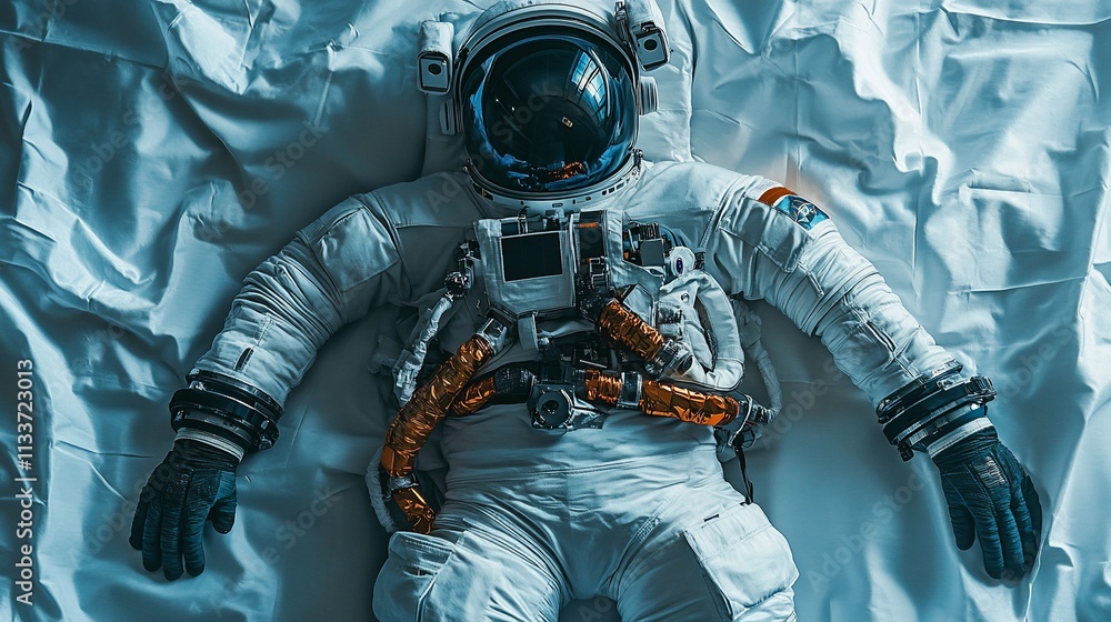Poster An astronaut in a spacesuit lying on a textured surface.