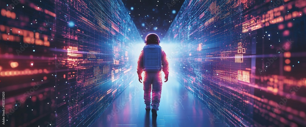Poster Astronaut walking through a digital corridor of light and data.
