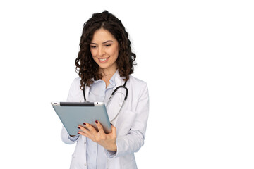 Confident young Latina doctor holding a tablet device