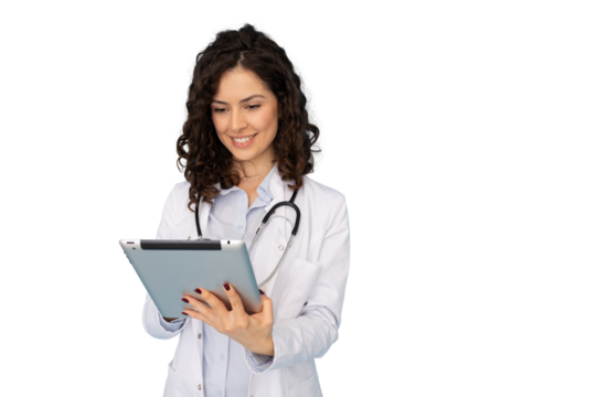 Confident young Latina doctor holding a tablet device