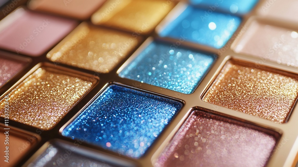 Poster close-up of a vibrant eyeshadow palette showcasing shimmering colors.