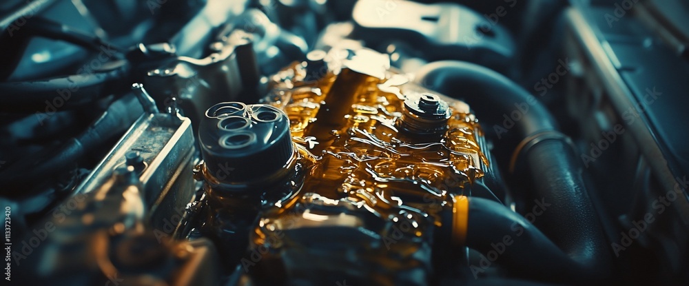 Poster Close-up of an engine with oil, showcasing mechanical components and maintenance.