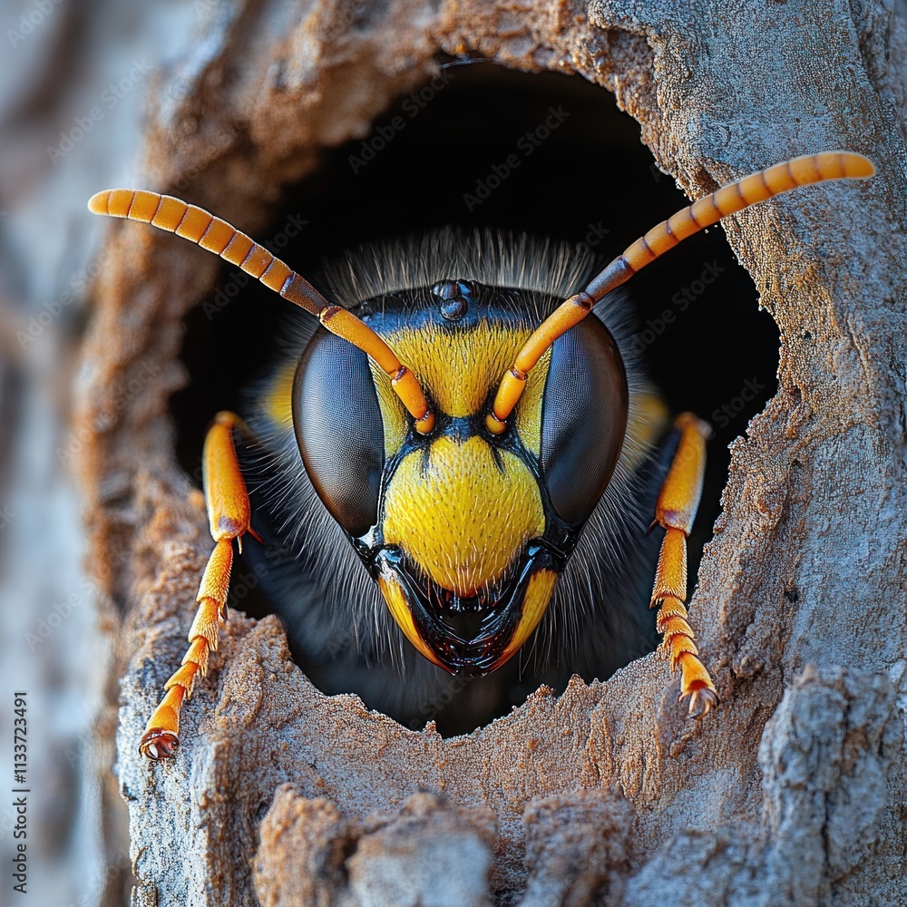 Poster close-up of a wasp peering from its nest hole in a tree trunk.