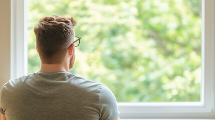 A person gazes thoughtfully out a window, surrounded by greenery, reflecting on life and nature's tranquility.
