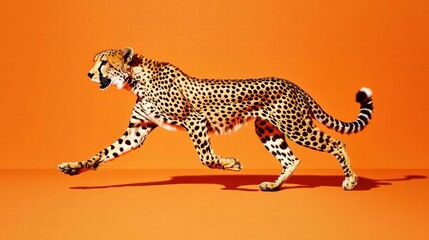 Obraz premium Cheetah in Motion Against Bright Orange Background Running Fast