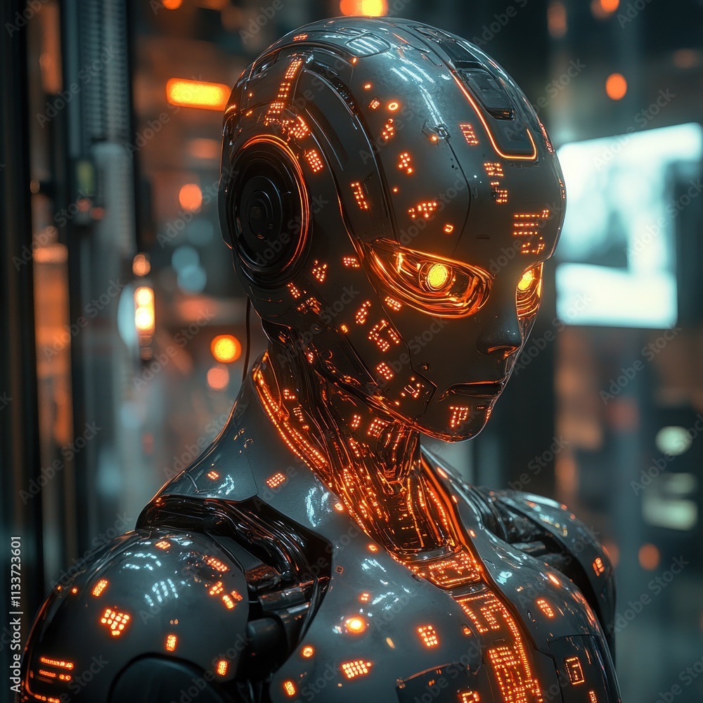 Poster close-up of a futuristic robot with glowing orange circuits.