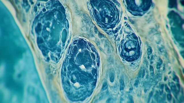 Active muscles under microscope reveal intricate cell growth patterns, showcasing the dynamic processes of life and regeneration.