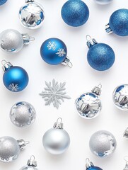 Colorful collection of blue and silver Christmas ornaments, perfect for festive decorations and winter celebrations.