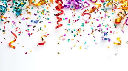 Colorful confetti and streamers scattered on a white surface creating a festive atmosphere for celebrations and parties.