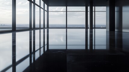 大きな窓と黒い光沢の床が特徴のモダンで開放的な高層ビルの空間 | Modern and open high-rise space with large windows and glossy black floors