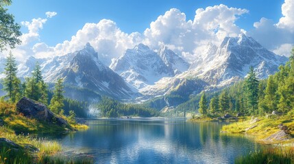 Serene alpine lake, snow-capped mountains, lush forest.