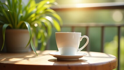 Fototapeta premium A white coffee cup sits on a wooden table on a balcony with green plants in the background.