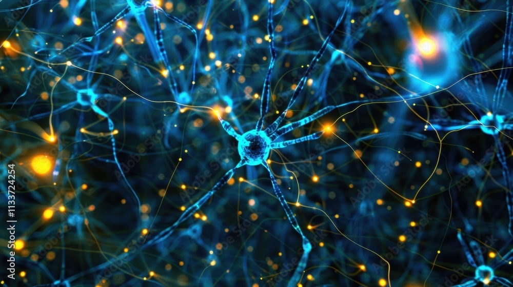 Poster complex network of neurons transmitting data with electrical signals and synapses, creating a futuri