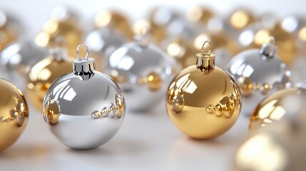 Shiny silver and gold Christmas ornaments scattered on a bright background, perfect for festive holiday decorations.