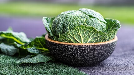 Fresh Green Cabbage in a Stylish Bowl on a Natural Background